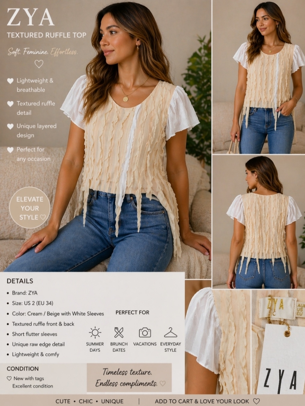 Cream Textured Ruffle Layered Top with White Sleeves